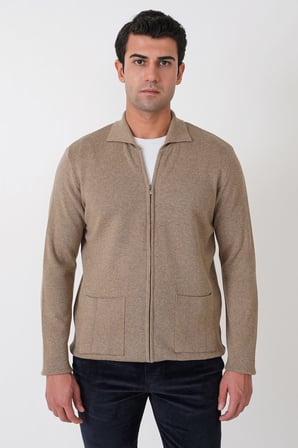 Comfort Fit Fermuarlı Torba Cepli Yünlü Bej Hırka TR 896