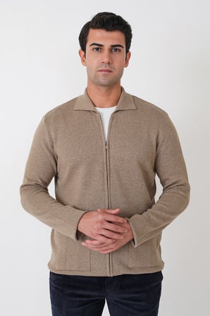Comfort Fit Fermuarlı Torba Cepli Yünlü Bej Hırka TR 896