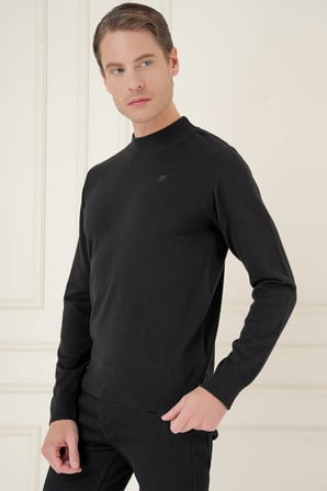 Slim Fit Ribanalı Düz Siyah Yünlü Yarım Balıkçı Triko Kazak TR 899