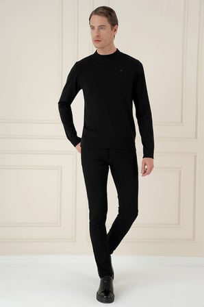 Slim Fit Ribanalı Düz Siyah Yünlü Yarım Balıkçı Triko Kazak TR 899