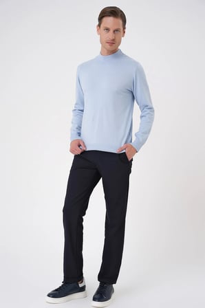 Slim Fit Ribanalı Düz Mavi Yünlü Yarım Balıkçı Triko Kazak TR 899