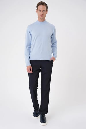 Slim Fit Ribanalı Düz Mavi Yünlü Yarım Balıkçı Triko Kazak TR 899