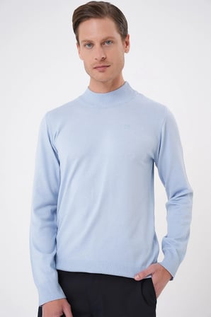 Slim Fit Ribanalı Düz Mavi Yünlü Yarım Balıkçı Triko Kazak TR 899