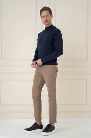 Slim Fit Ribanalı Düz Lacivert Yünlü Yarım Balıkçı Triko Kazak TR 899