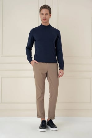 Slim Fit Ribanalı Düz Lacivert Yünlü Yarım Balıkçı Triko Kazak TR 899