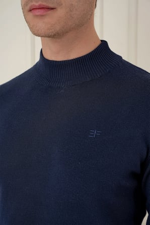 Slim Fit Ribanalı Düz Lacivert Yünlü Yarım Balıkçı Triko Kazak TR 899