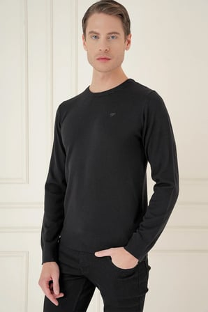 Slim Fit Ribanalı Düz Siyah Yünlü Bisiklet Yaka Triko Kazak TR 900