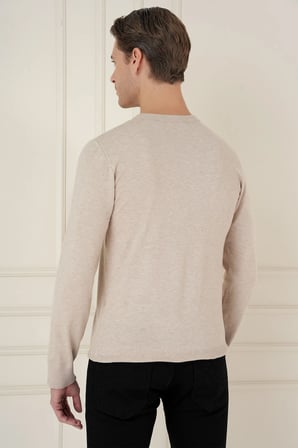 Slim Fit Ribanalı Düz Bej Yünlü Bisiklet Yaka Triko Kazak TR 900