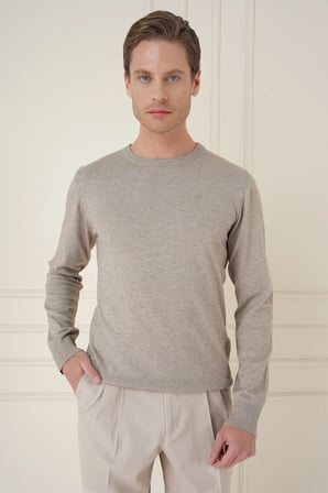 Slim Fit Ribanalı Düz Taş Yünlü Bisiklet Yaka Triko Kazak TR 900