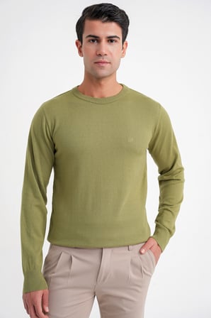 Slim Fit Ribanalı Düz Haki Yünlü Bisiklet Yaka Triko Kazak TR 900