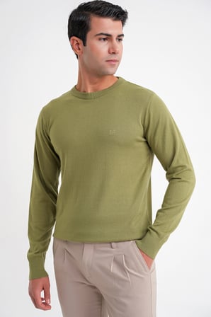 Slim Fit Ribanalı Düz Haki Yünlü Bisiklet Yaka Triko Kazak TR 900