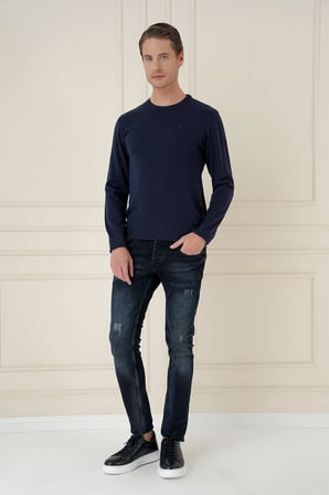 	Slim Fit Ribanalı Düz Lacivert Yünlü Bisiklet Yaka Triko Kazak TR 900