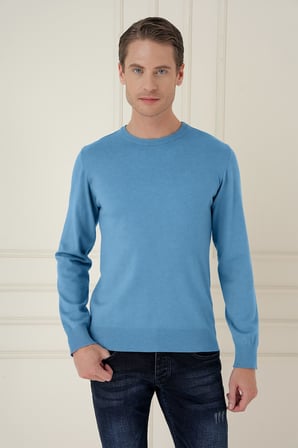 Slim Fit Ribanalı Düz Havacı Mavi Yünlü Bisiklet Yaka Triko Kazak TR 900
