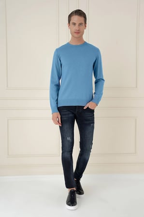 Slim Fit Ribanalı Düz Havacı Mavi Yünlü Bisiklet Yaka Triko Kazak TR 900