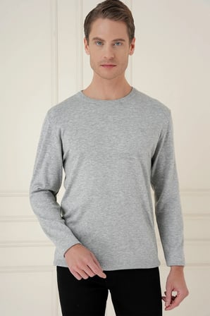 Slim Fit Ribanalı Düz Gri Yünlü Bisiklet Yaka Triko Kazak TR 900