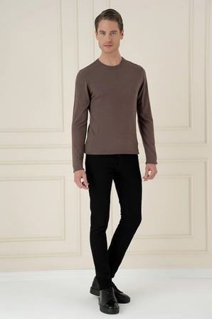 Slim Fit Ribanalı Düz Vizon Yünlü Bisiklet Yaka Triko Kazak TR 900