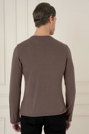 Slim Fit Ribanalı Düz Vizon Yünlü Bisiklet Yaka Triko Kazak TR 900