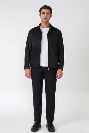 Slim Fit Yan Cepli Hakim Yaka Siyah Süet Mont MT 187