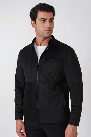 Slim Fit Yan Cepli Hakim Yaka Siyah Süet Mont MT 187