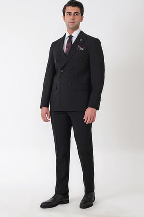 Slim Fit Esnek %97 Yünlü Düz Siyah Kruvaze Takım Elbise TK 956