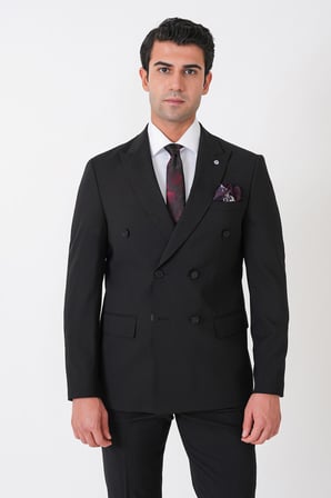 Slim Fit Esnek %97 Yünlü Düz Siyah Kruvaze Takım Elbise TK 956
