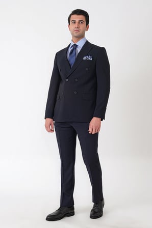 Slim Fit Esnek %97 Yünlü Düz Lacivert Kruvaze Takım Elbise TK 956