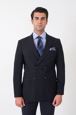 Slim Fit Esnek %97 Yünlü Düz Lacivert Kruvaze Takım Elbise TK 956