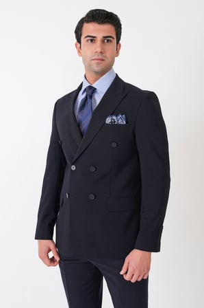 Slim Fit Esnek %97 Yünlü Düz Lacivert Kruvaze Takım Elbise TK 956