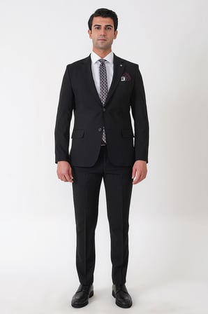 Slim Fit Esnek %97 Yünlü Düz Siyah Takım Elbise TK 957