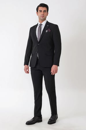 Slim Fit Esnek %97 Yünlü Düz Siyah Takım Elbise TK 957