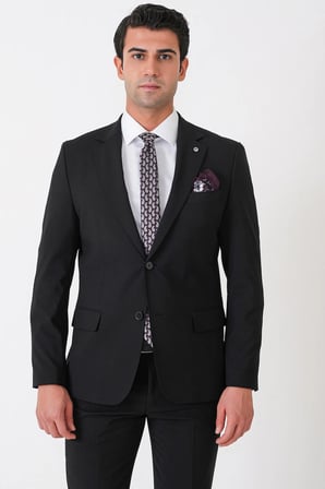 Slim Fit Esnek %97 Yünlü Düz Siyah Takım Elbise TK 957