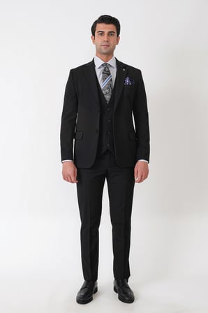 Slim Fit Çift Yırtmaç Esnek Yünlü Siyah Yelekli Takım Elbise TK 958 