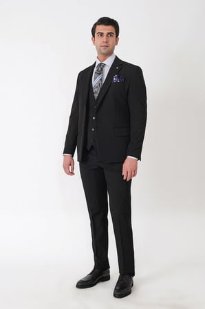 Slim Fit Çift Yırtmaç Esnek Yünlü Siyah Yelekli Takım Elbise TK 958 