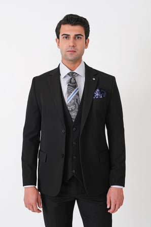 Slim Fit Çift Yırtmaç Esnek Yünlü Siyah Yelekli Takım Elbise TK 958 