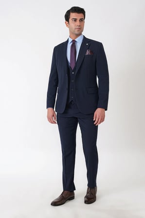 Slim Fit Çift Yırtmaç Esnek Yünlü Lacivert Yelekli Takım Elbise TK 958 