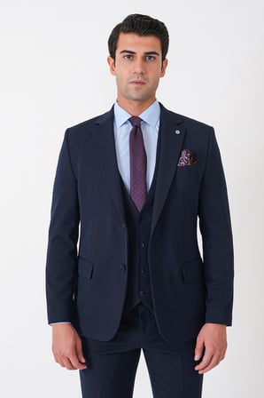 Slim Fit Çift Yırtmaç Esnek Yünlü Lacivert Yelekli Takım Elbise TK 958 
