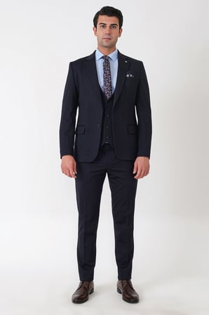 Slim Fit Esnek Pamuklu Dokulu Lacivert Yelekli Takım Elbise TK 959