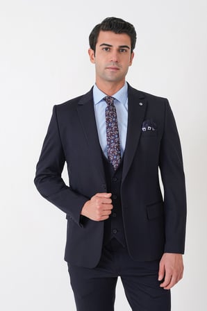 Slim Fit Esnek Pamuklu Dokulu Lacivert Yelekli Takım Elbise TK 959