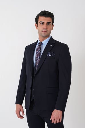 Slim Fit Esnek Pamuklu Dokulu Lacivert Yelekli Takım Elbise TK 959