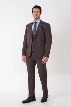 Slim Fit Esnek Pamuklu Dokulu Kahverengi Yelekli Takım Elbise TK 959