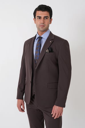 Slim Fit Esnek Pamuklu Dokulu Kahverengi Yelekli Takım Elbise TK 959