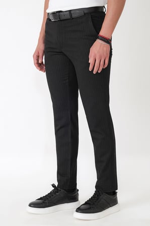Slim Fit Yan Cepli Esnek Yünlü Siyah Çizgili Pantolon P 1236