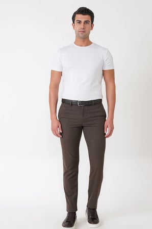 Slim Fit Yan Cepli Esnek Yünlü Kahverengi Çizgili Pantolon P 1236