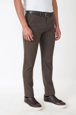 Slim Fit Yan Cepli Esnek Yünlü Kahverengi Çizgili Pantolon P 1236