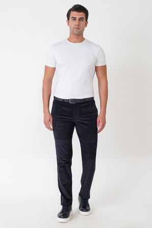 Comfort Fit Yan Cepli Dikine Fitilli Esnek Lacivert Kadife Pantolon P 1235