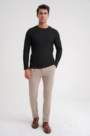 Slim Fit Esnek Pamuklu Dokulu Kumaş Uzun Kollu Siyah Tişört TS 934