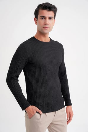 Slim Fit Esnek Pamuklu Dokulu Kumaş Uzun Kollu Siyah Tişört TS 934