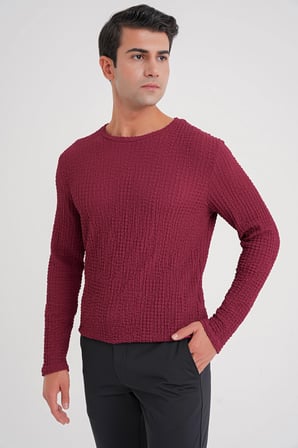 Slim Fit Esnek Pamuklu Dokulu Kumaş Uzun Kollu Bordo Tişört TS 934