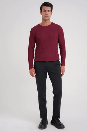 Slim Fit Esnek Pamuklu Dokulu Kumaş Uzun Kollu Bordo Tişört TS 934