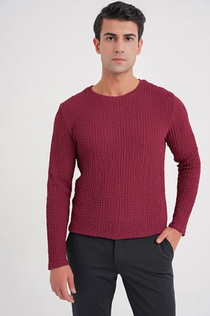Slim Fit Esnek Pamuklu Dokulu Kumaş Uzun Kollu Bordo Tişört TS 934